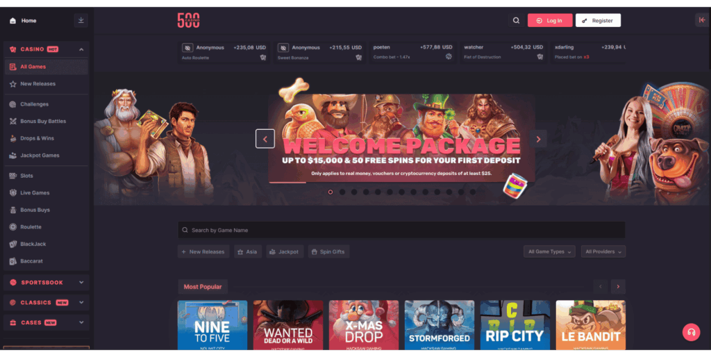 Screenshot of the 500 Casino homepage showcasing a welcome bonus up to $15,000 and 50 free spins, with a navigation menu for slots, live games, blackjack, roulette, and more