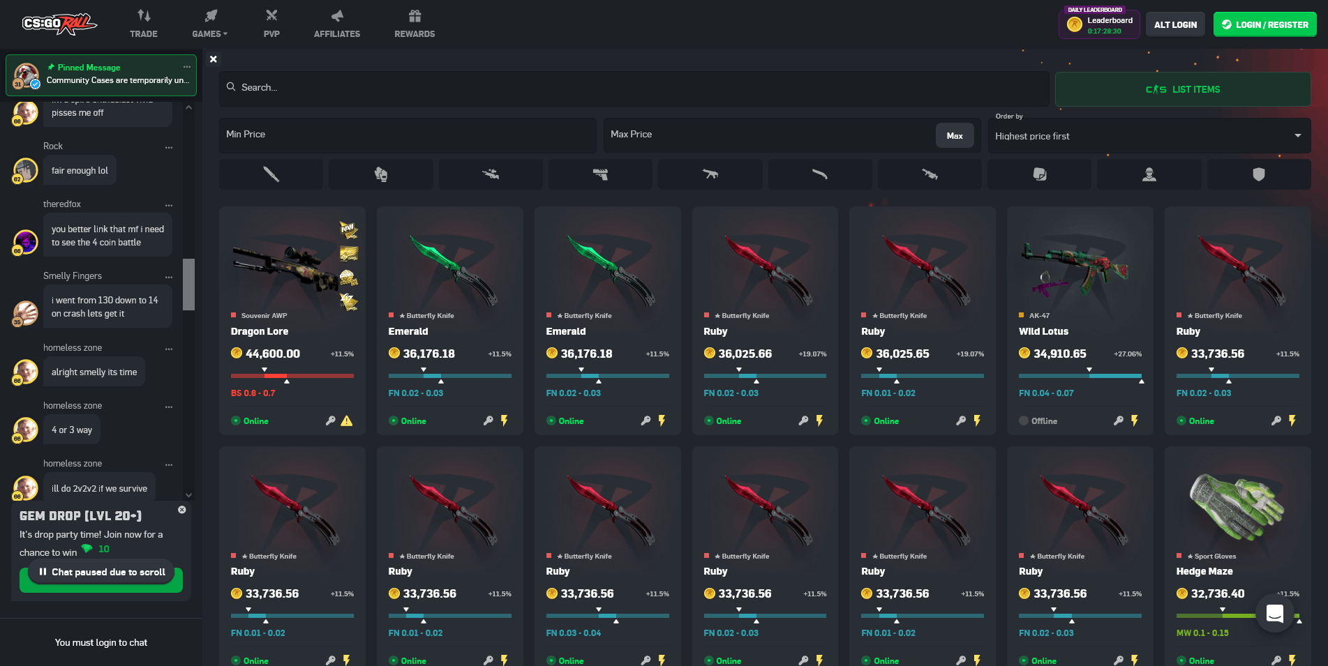 CSGORoll marketplace showing high-value CS2 skins like Butterfly Knife Ruby and Dragon Lore, with real-time pricing, rarity filters, and live chat for crypto-based skin trading and gambling
