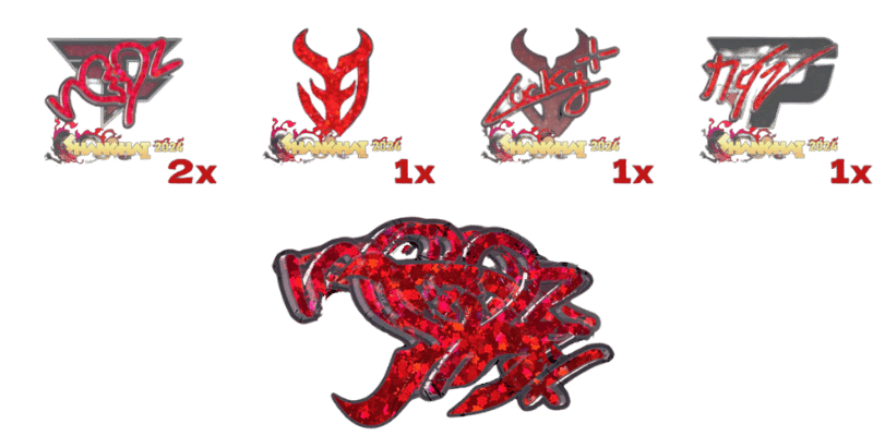 Sticker components of the iBUYPOWER fake replica craft – includes 2x Ropz (Glitter), 1x Lucky (Glitter), 1x 3DMAX (Glitter), 1x nqz (Glitter), combined to mimic the iconic iBUYPOWER Holo look