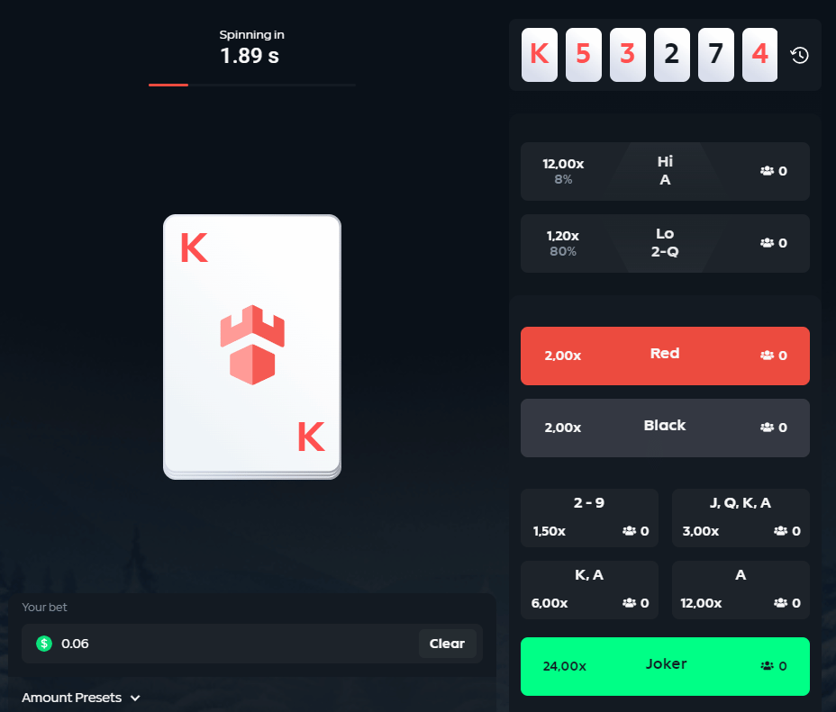 The image captures a scene from the CS:GO Hi-Lo gambling mode, showcasing the moment when a card is drawn from the deck. Players wager on whether the next card will have a higher, lower, or the same value as the previous one. This image visually how the game works