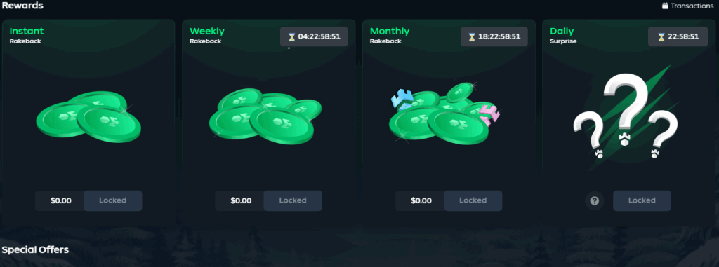 Gamdom bonus structure showing Instant, Weekly, Monthly rakeback rewards and a Daily surprise bonus, all currently locked