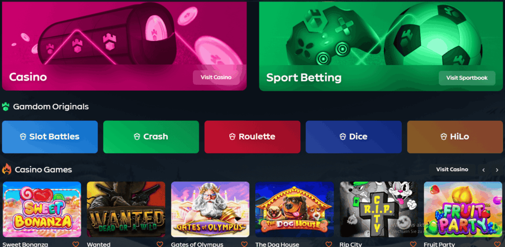 Gamdom homepage showcasing casino, sports betting, original games like Crash and Roulette, and popular slot titles like Sweet Bonanza and Gates of Olympus