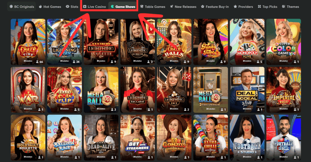 A screenshot displaying different live games on Rollbit, an online gambling platform. The selection includes a variety of live shows, encompassing classic table games such as Blackjack, Roulette, and Baccarat. Conducted in real-time by human dealers, these live games provide an authentic casino experience for players