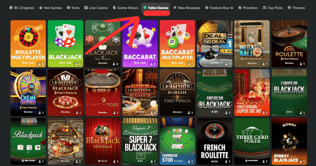 photo showcases a diverse array of table games at BC.Game's online casino. Featured games include Blackjack, Roulette, Baccarat, Poker, Craps, Sic Bo, Pai Gow Poker, Caribbean Stud Poker, Three Card Poker, and Let It Ride
