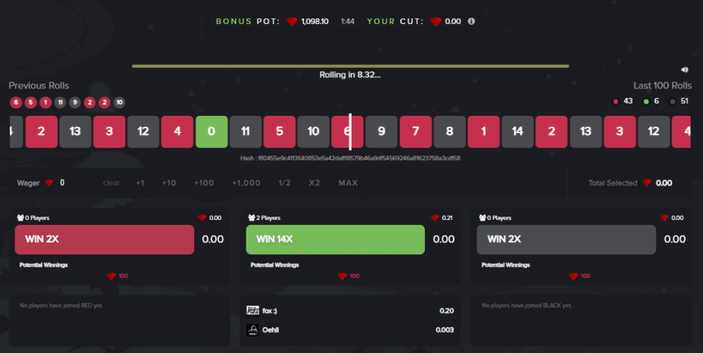 CS2 Roulette gameplay example at WTFcasino, featuring a virtual wheel with color options Red, Black, and Green. Exciting betting opportunities with 2x and 14x multipliers.