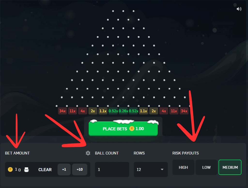 Illustration of the Plinko gambling mode on CSGORoll. Explore placements on a board with different drop points and multipliers. Skins navigate the board randomly, landing on specific multipliers for diverse winning