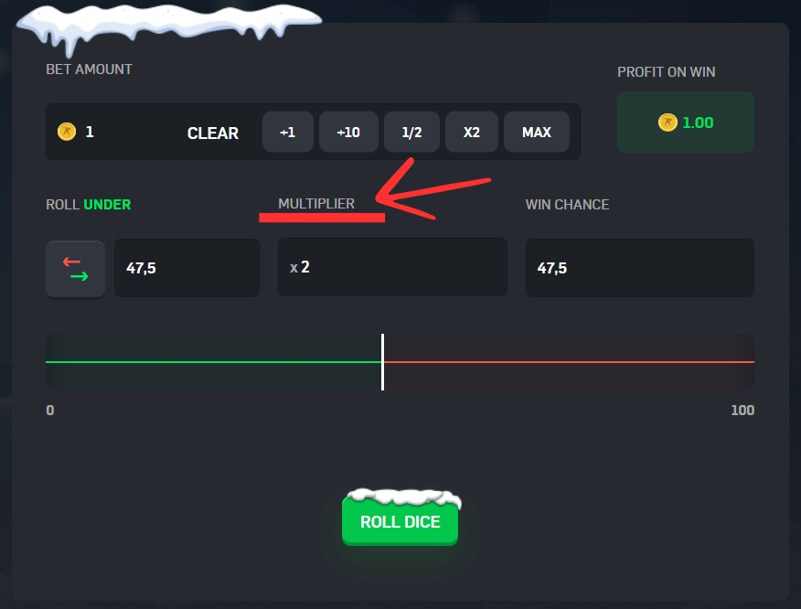 This image outlines CS:GO Dice on CSGORoll, depicting the strategic betting process where players wager their skins or coins. As the virtual dice roll unfolds, results are determined by chosen betting options, such as specific numbers or ranges like "Over" and "Under." The game offers a unique interplay of elements, and the level of risk varies based on the selected options